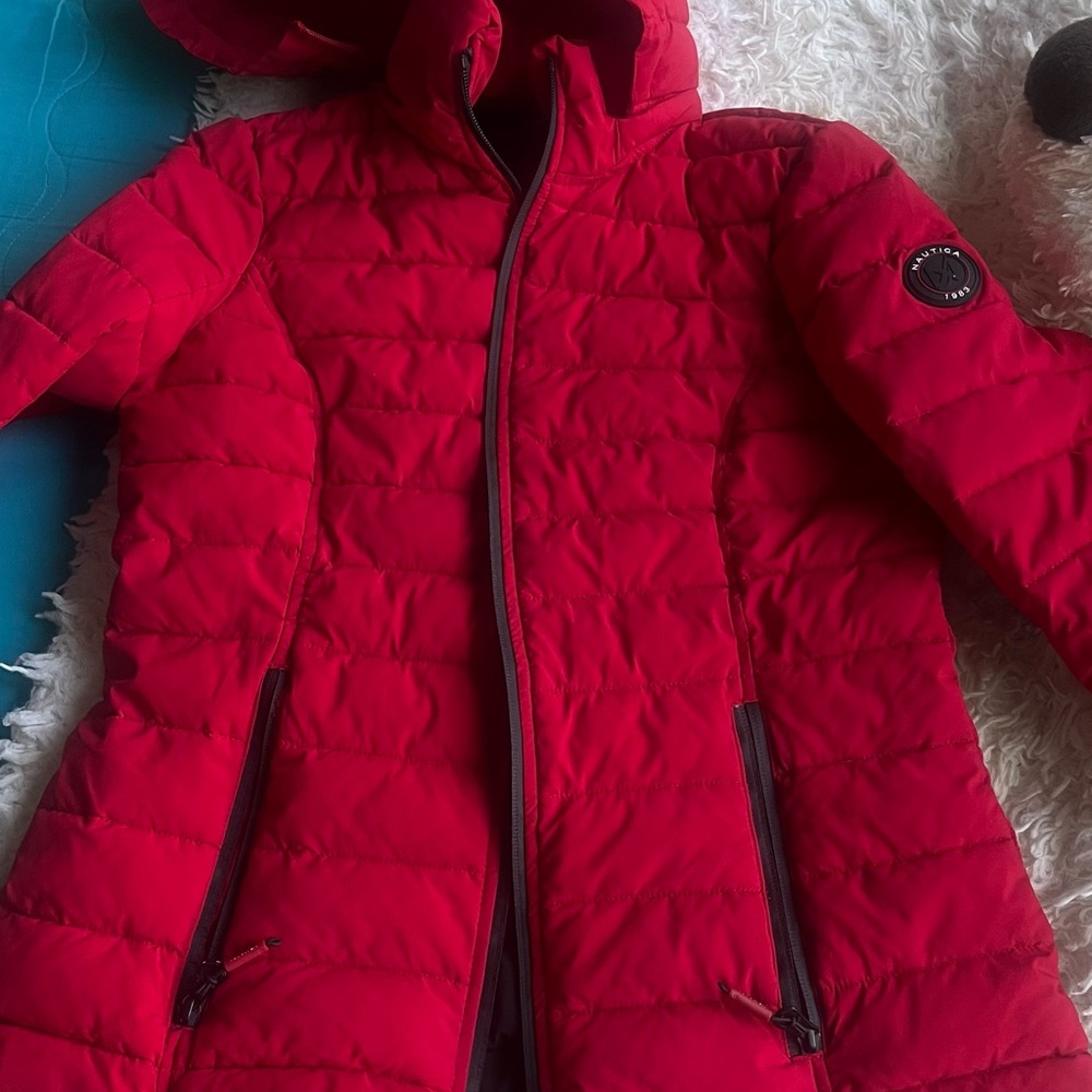 Nautica Red Hooded Jacket with Striped Trim